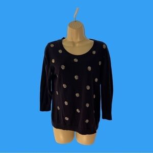 Navy 3/4 Sleeve Scoop Neck Lightweight Sweater with Beaded Large Dots M/L